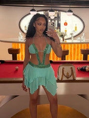 Green Sequin Cut Out Frill Hem Mini Dress