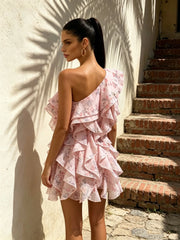 Pink Printed One Shoulder Multi-layered Ruffles Mini Dress