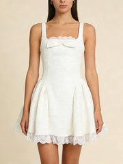 White Tweed Sparkle Bow Flare Mini Dress
