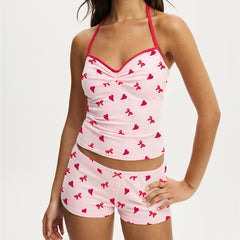 Heart/Bowknot Print Halter Neck Camisole Crop Top And Shorts Set