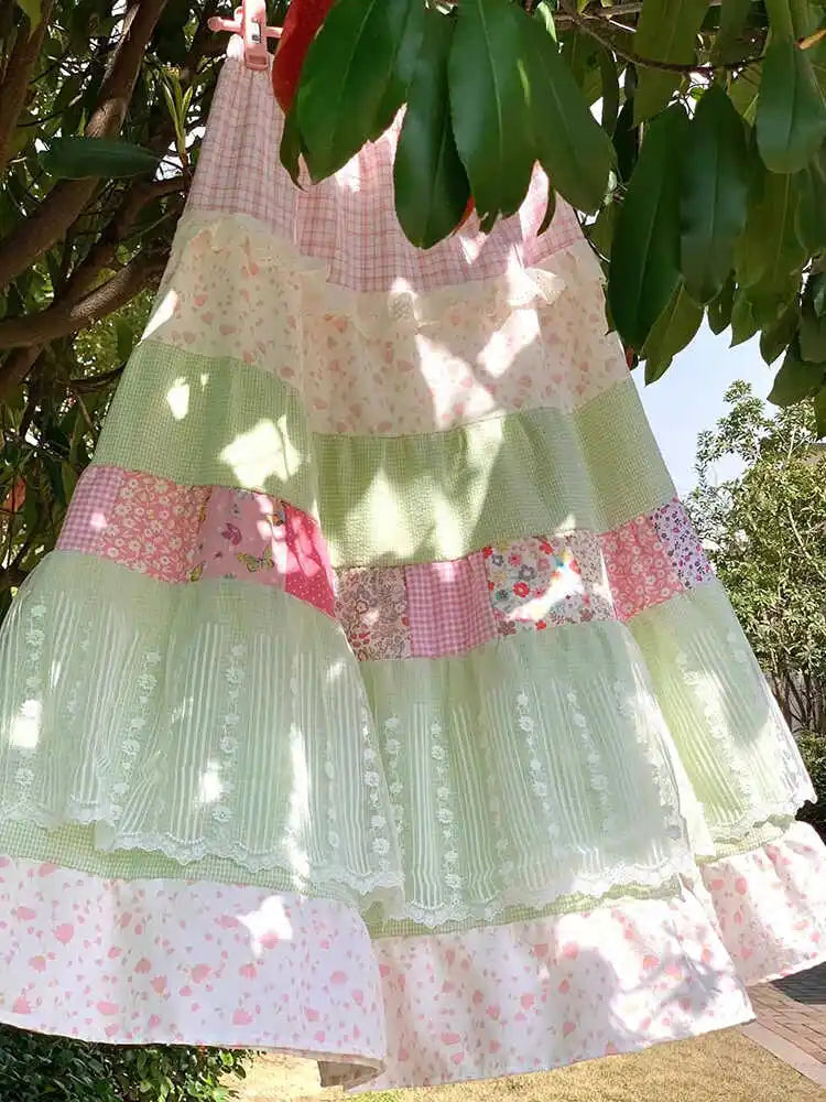 Women's pastel colorful patchwork maxi skirt with A-line silhouette.

