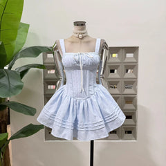 Embroidery Lace-up Crossover Strap Mini Dress