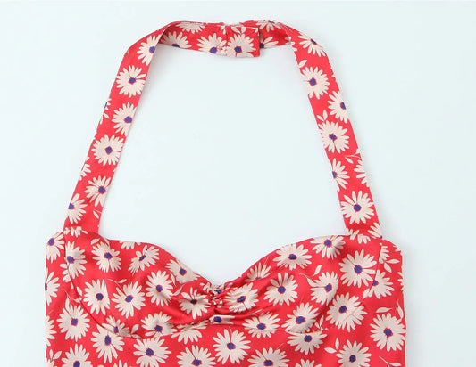Red Daisy Floral Print Halter Mini Dress