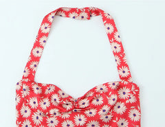 Red Daisy Floral Print Halter Mini Dress