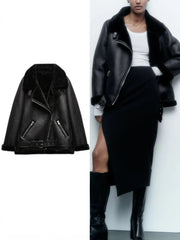 Faux Leather Double-Sided Zipper Biker Jacket - Free From Label