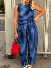 Printed Plaid Sleeveless Vest And Wide Pants Set