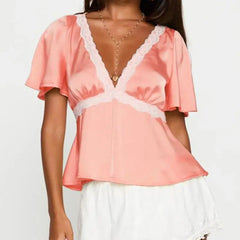 Lace Trim Flare Sleeve Top