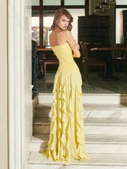 Yellow Strapless Sequin Ruffle Fringe Mesh Maxi Dress