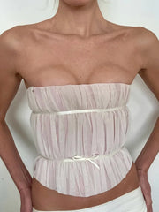 Strapless Mesh Satin Bow Tie Crop Top