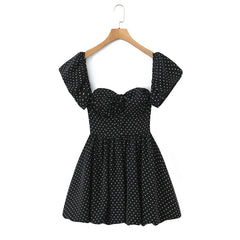 Black Polka Dot Off-Shoulder Puff Sleeve A-Line Mini Dress