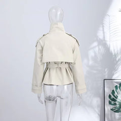 Stand Collar Double Breasted Long Sleeve Belted Short Trench Coat