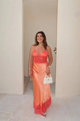 Lace Patchwork Deep V Neck Maxi Dress