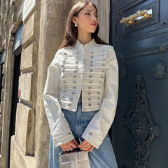 Denim Embroidered Button Jacket And Micro Shorts Set