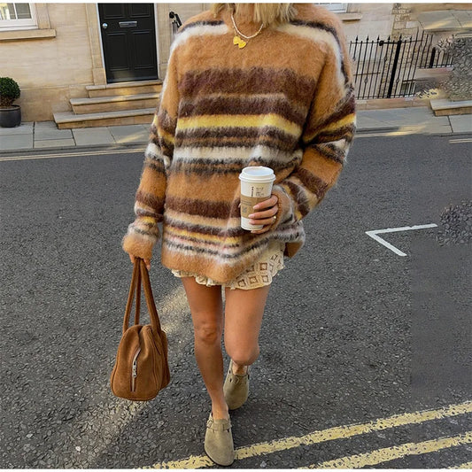 Striped O-neck Long Sleeve Knit Sweater