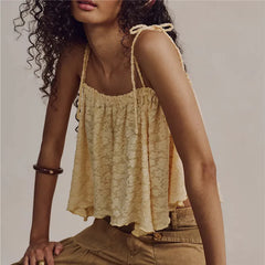 3D Floral Textured Spaghetti Tie Strap Cropped Top