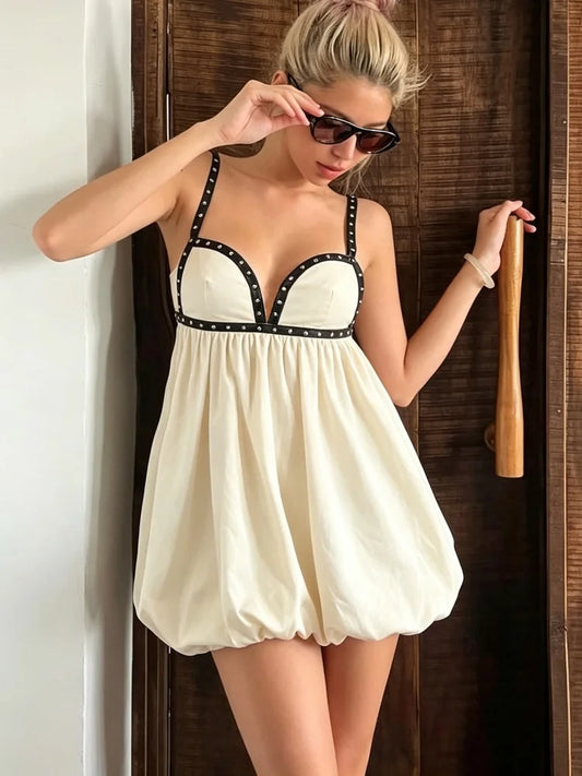 Studded Trim Cami Bubble Hem Mini Dress