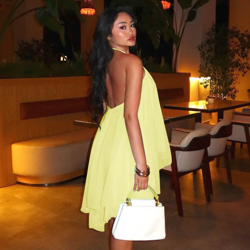 Chiffon Halter Flare Mini Dress Yellow / S