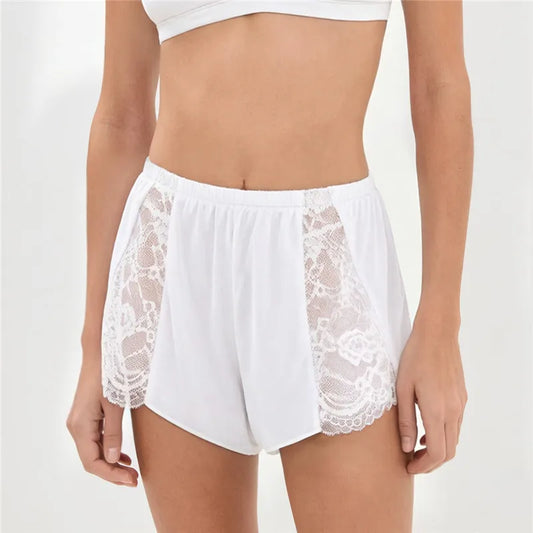Satin Lace Side Panel Elastic Waist Pajama Shorts