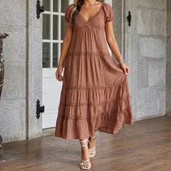 Lace Puff Sleeve V-Neck Back Tie Maxi Dress