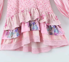 Pink Long Sleeve Floral Patchwork Tiered Mini Dress