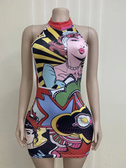 Pop Art Comic Print Halter Bodycon Mini Dress