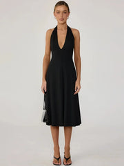 Halter Deep V-Neck Flared Midi Dress