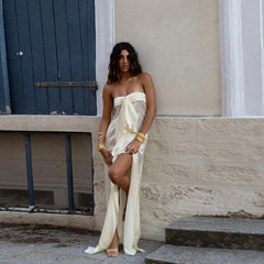 White Satin Front Tie Strapless Maxi Dress