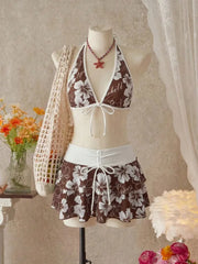 Floral Color Block Triangle Bikini And Pants With Cover Up Skirt Three-Piece Set