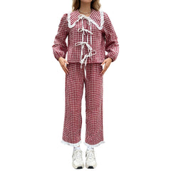 Red Plaid Long Sleeve Doll Collar Tie Up Top And  Wide Leg Pants Sets