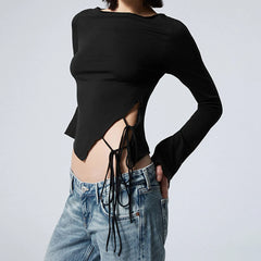 Black Long Sleeve Side Tie Up Top