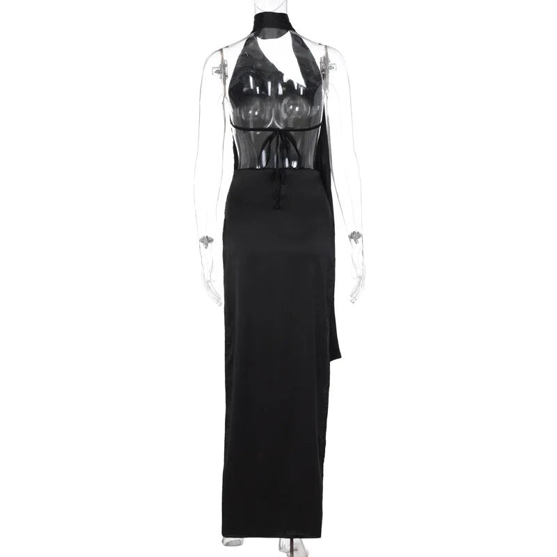 Black Halter Bandage Backless Slit Maxi Dress