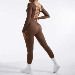 Brown bodysuit with lace-up back on a white background