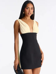 Contrast Black Deep V-Neck Draped Sleeve Bodycon Mini Dress