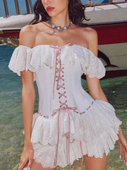 White Slash Neck Ruffle Tie Up Frill Mini Dress