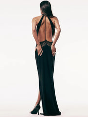 Black Low-Neck Lace Patchwork High Split Maxi Dress