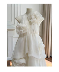 White Halter 3D Floral Tiered Bud Maxi Dress