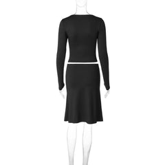 Lace Trim Square Neck Long Sleeve Crop Top And Midi Skirt Set