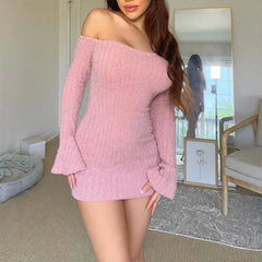 Pink Bodycon Knitted Off Shoulder Mini Dress