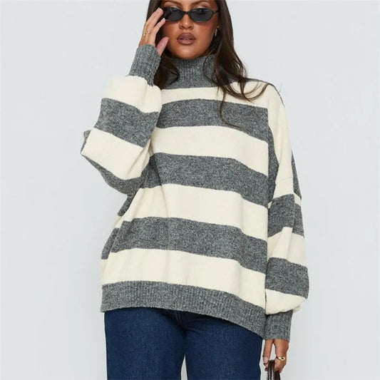 Grey Turtleneck Striped Knit Jumper