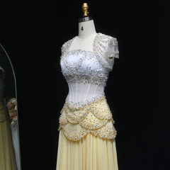 Cape Sleeve Chiffon Tiered Petals Sequined Pearl Embellished Gown