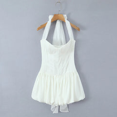 White Satin Tie Bow Halter Sling Mini Dress