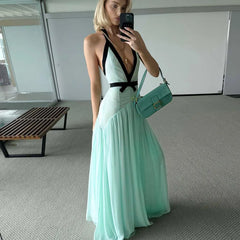 Contrast Trim Blue V-Neck Maxi Dress