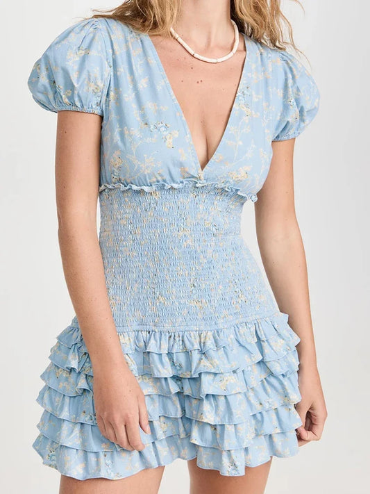 Blue Smocked Floral Printed Short Sleeve Mini Dress