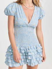 Blue Smocked Floral Printed Short Sleeve Mini Dress