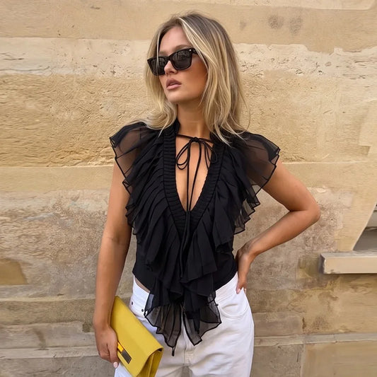 Black Chiffon Ruffle Trim V-Neck Tie Front Flutter Sleeve Sheer Crop Top