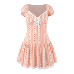 Pink Stripe Print Puff Sleeve Mini Dress