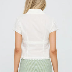White Lace Trim Collared Short Sleeve Button-up Blouse