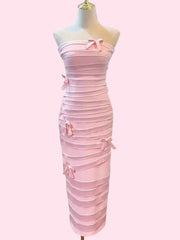 Pink Strapless Bowknot Patchwork Bodycon Midi Dress