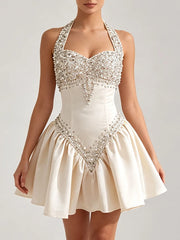 Diamond Beaded Tie-Up Neck A-Line Mini Dress