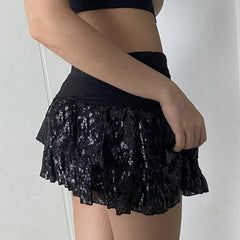 Black Sequins Tiered Layered Mini Skirt
